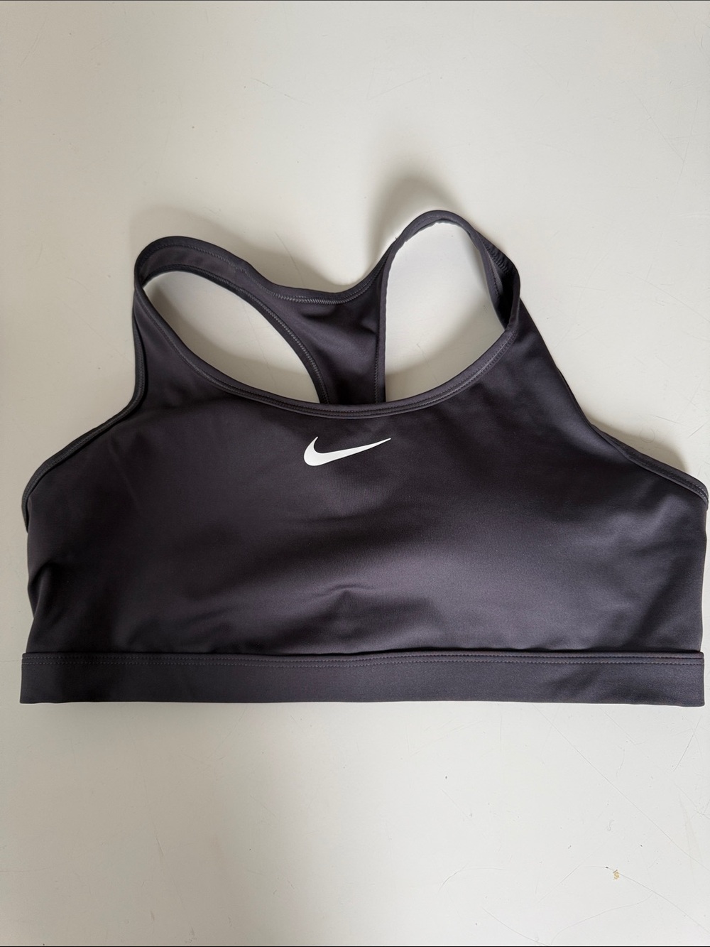 Nike Dark Grey  Racerback Performance Sports Bra with White Swoosh